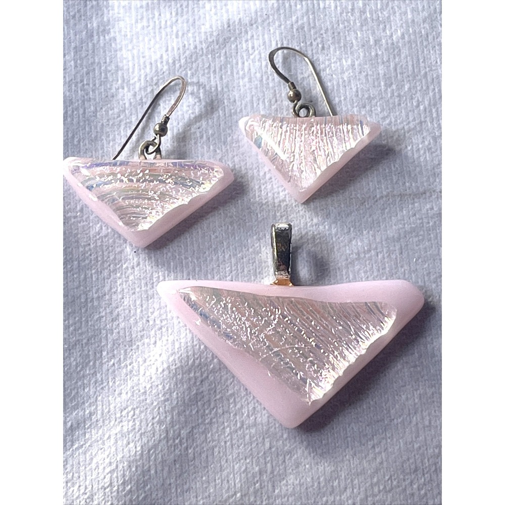 Art Glass Pink Dichroic Lampwork Dangle Earrings & Matching Pendant